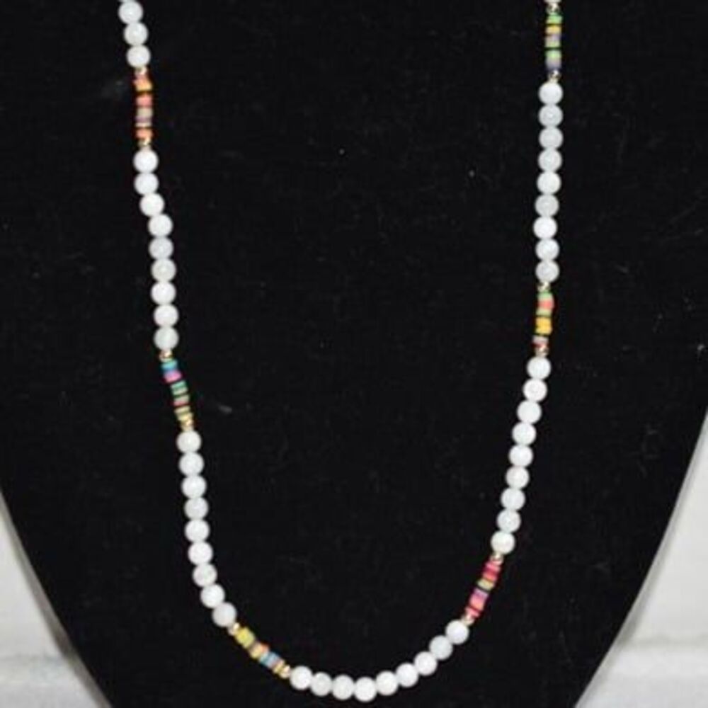 By The Sea Funky Beachy White Faux Pearl Multi Color Shells 28 Inch Necklace